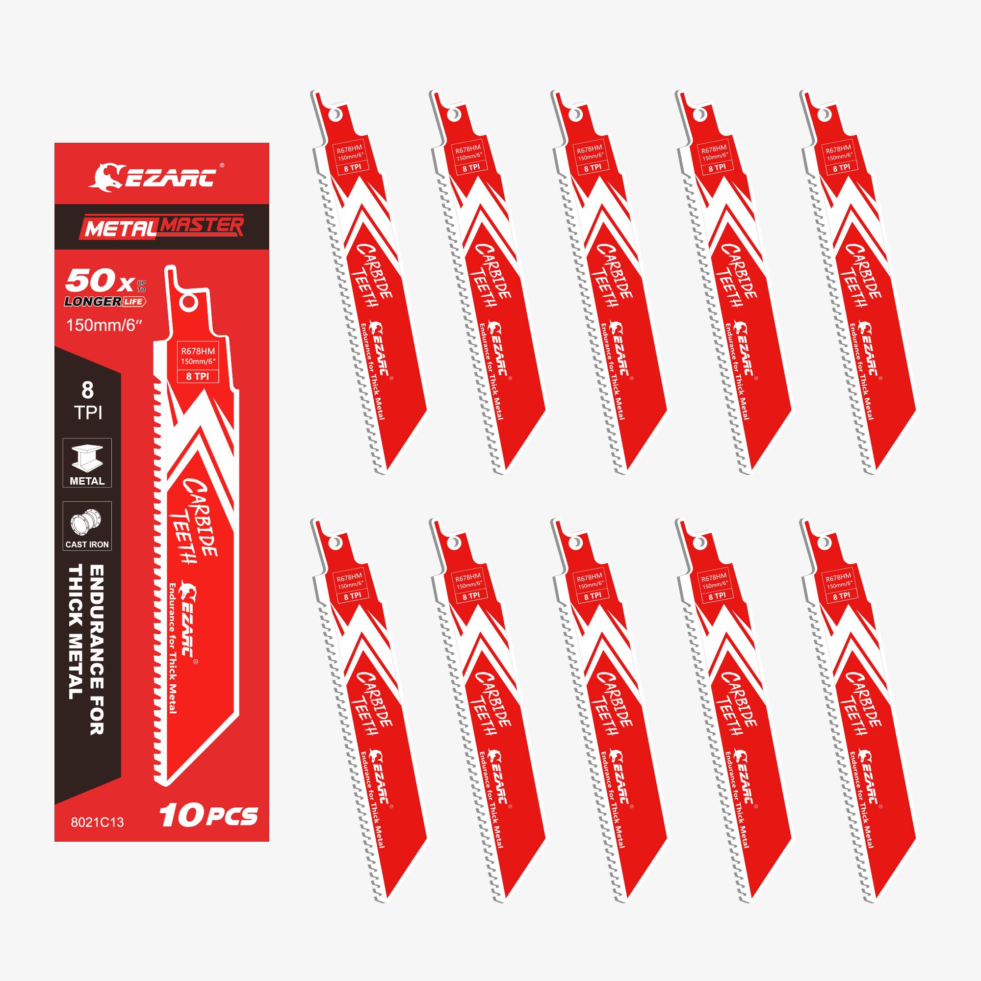 10 pcs, 8tpi,6/9 in. Carbide Reciprocating Saw Blade For Thick Metal/Cast Iron/Alloy Steel - EZARC Tools