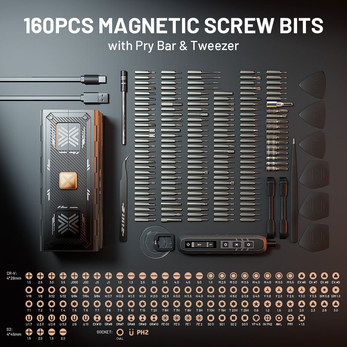 181 in 1 Electric Screwdriver Set, 3 Torque Settings with 160 Magnetic Precision Bits - EZARC Tools