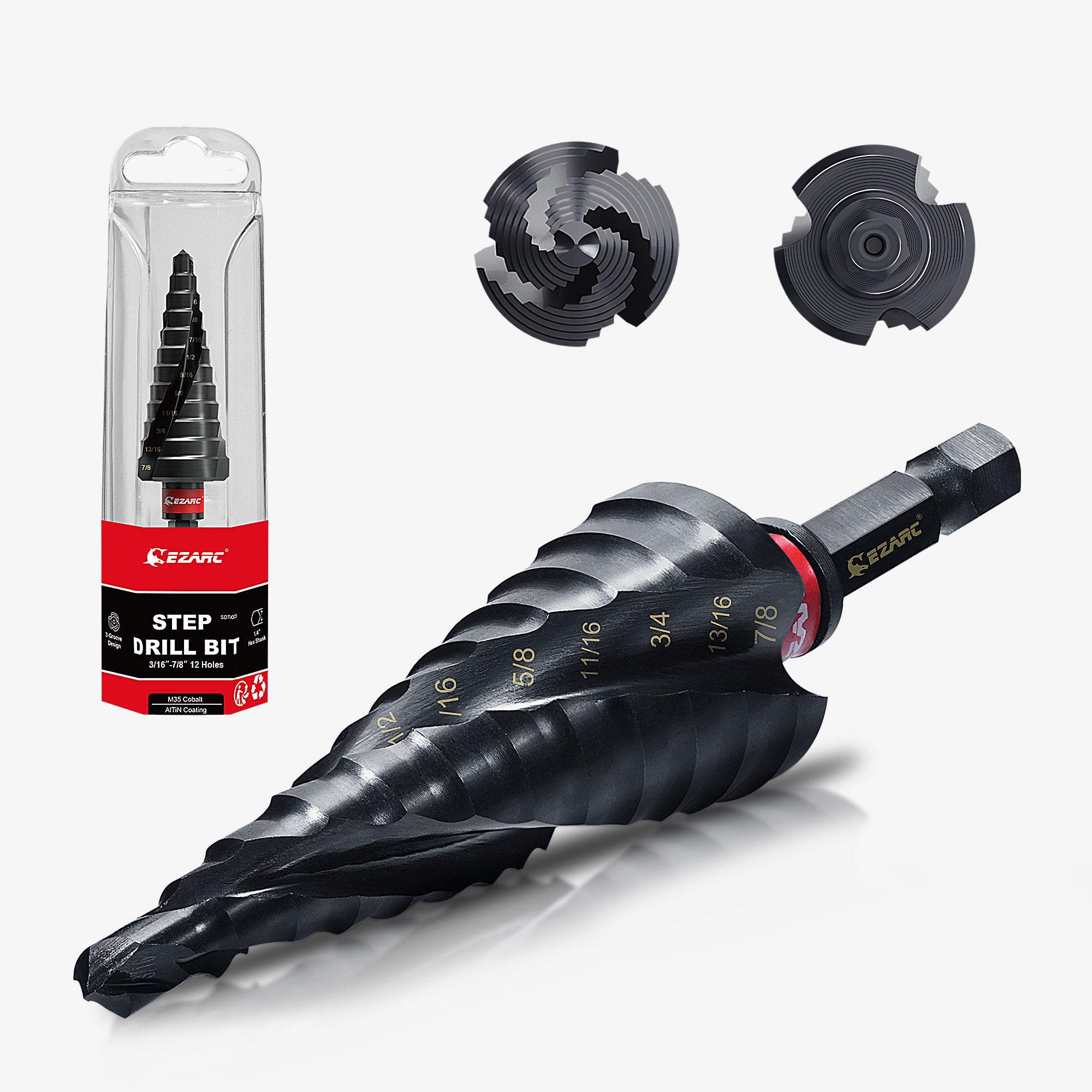 Spiral Wear-Resistant AlTiN Coated Step Drill Bit for Metal for Metal, Stainless Steel, Aluminum, Plastic - EZARC Tools