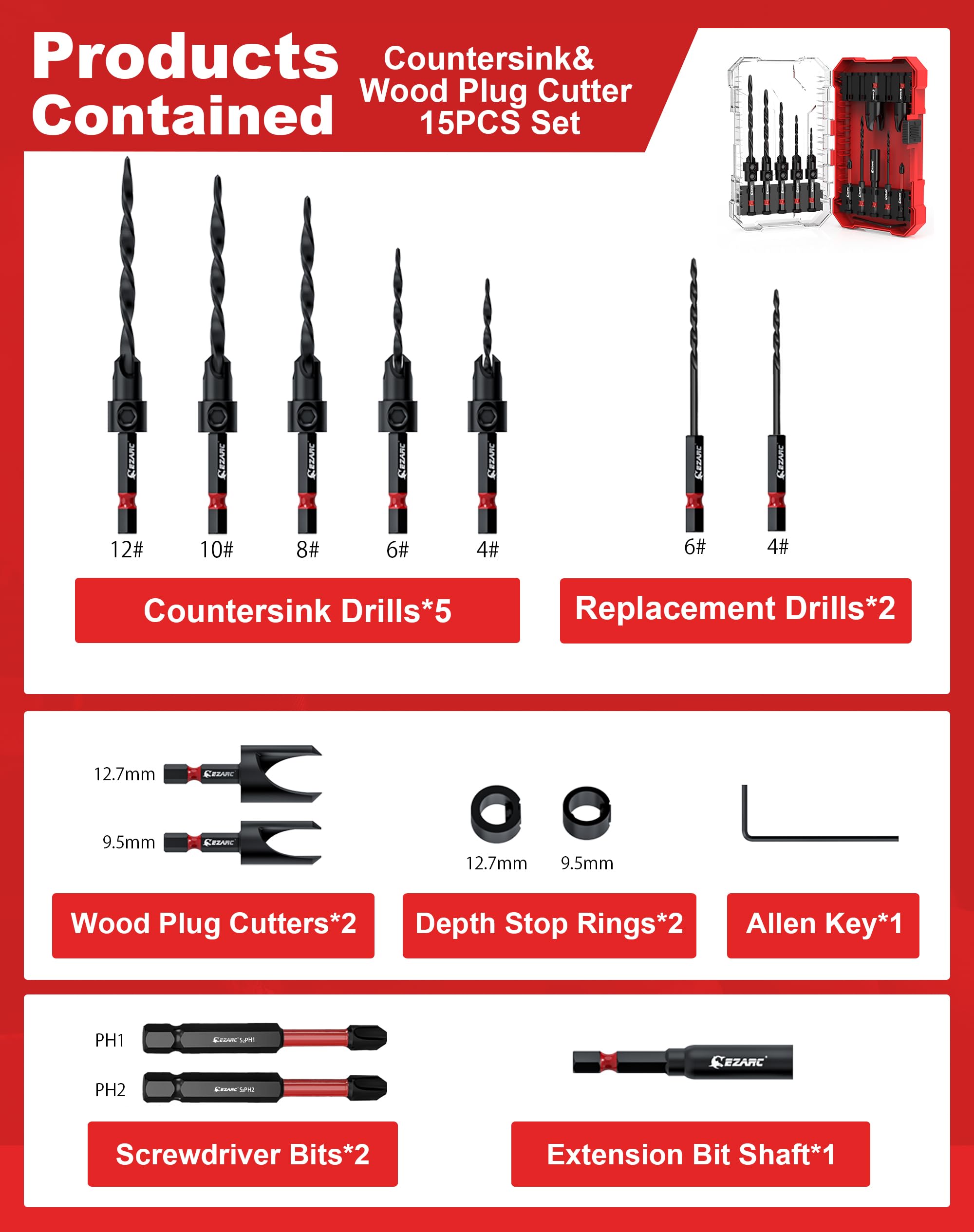 15 PCS Countersink Drill Bit Set with 2PCS Wood Plug Cutter with Storage Box - EZARC Tools