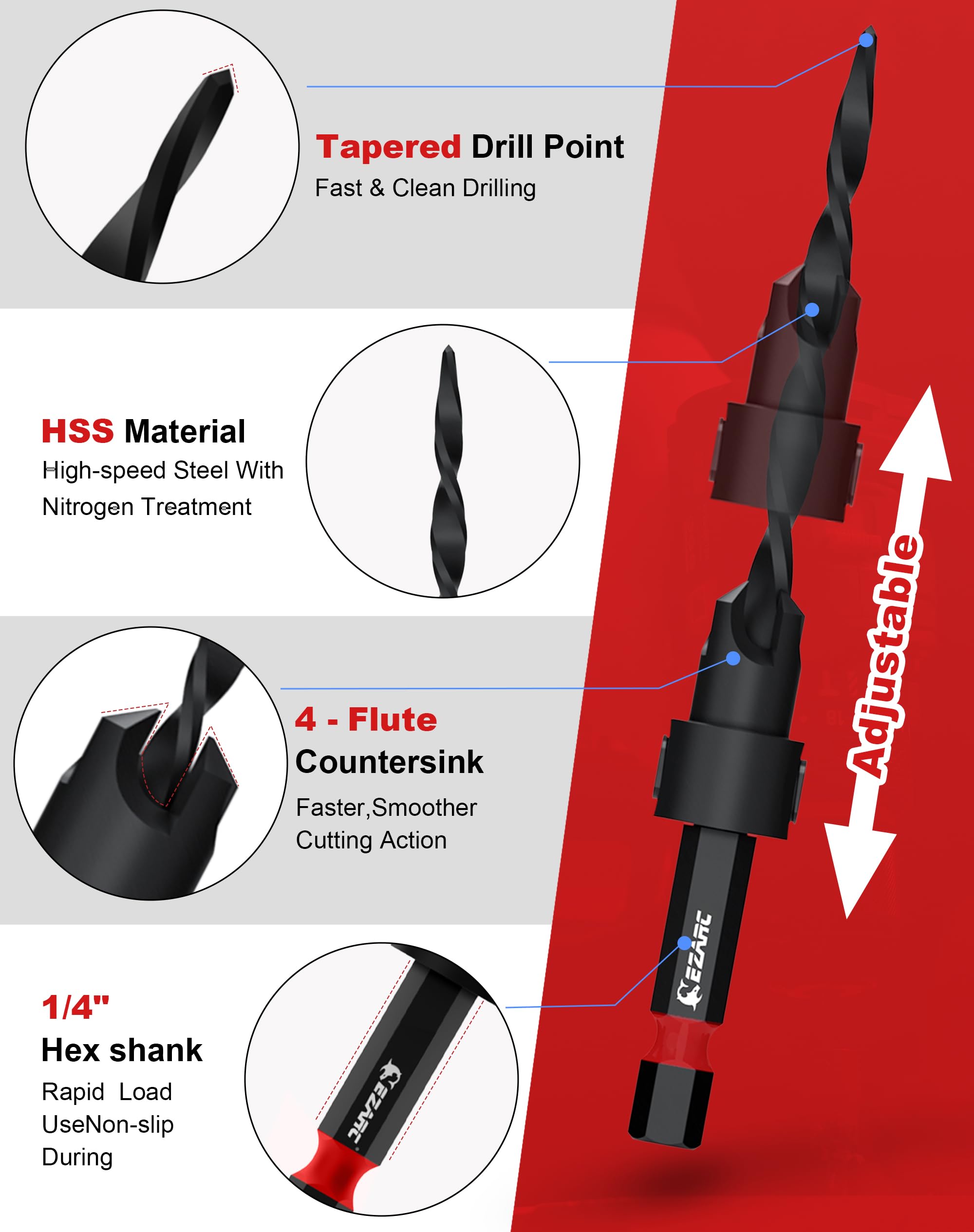 15 PCS Countersink Drill Bit Set with 2PCS Wood Plug Cutter with Storage Box - EZARC Tools