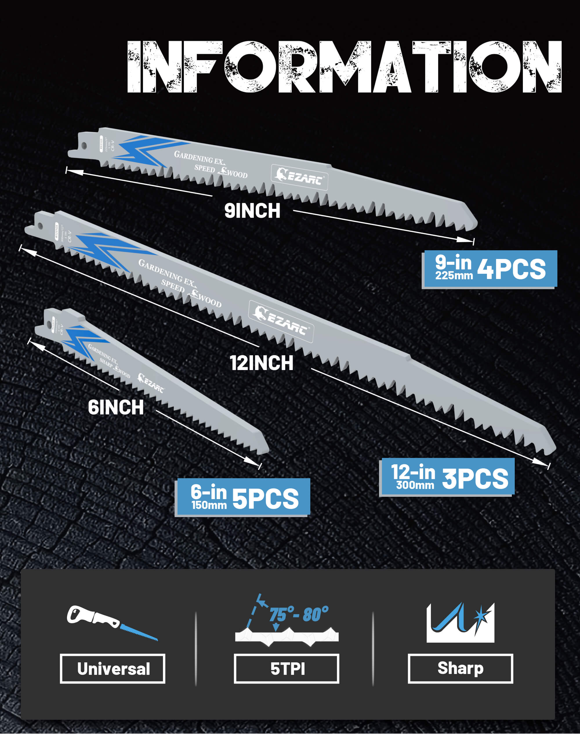 12 Pieces Wood Pruning Reciprocating Saw Blade Set for Tree Pruning, Wood/Wet Wood Cutting - EZARC Tools