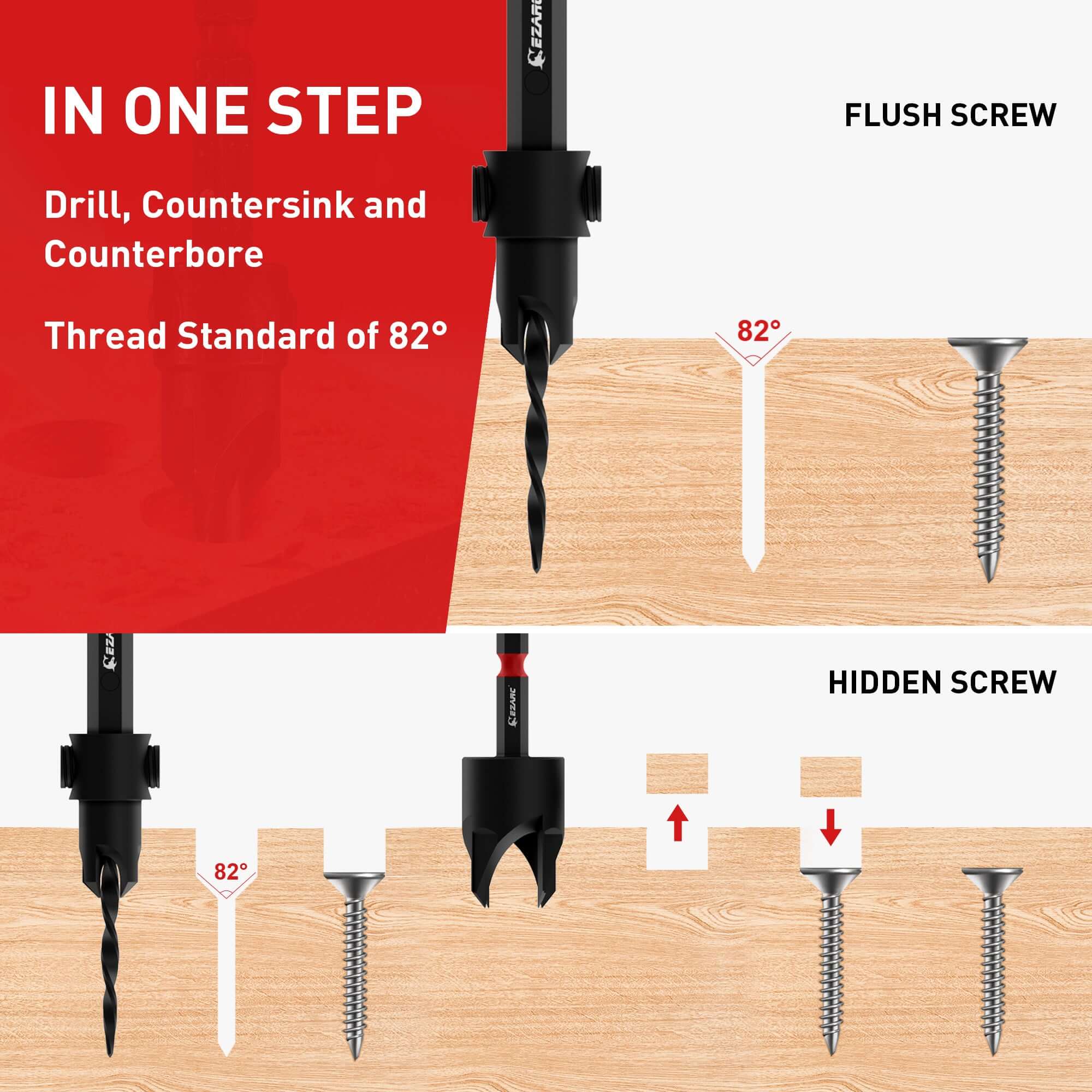 Wood Countersink Drill Bit Set With 1/4" Hex Shank - EZARC Tools