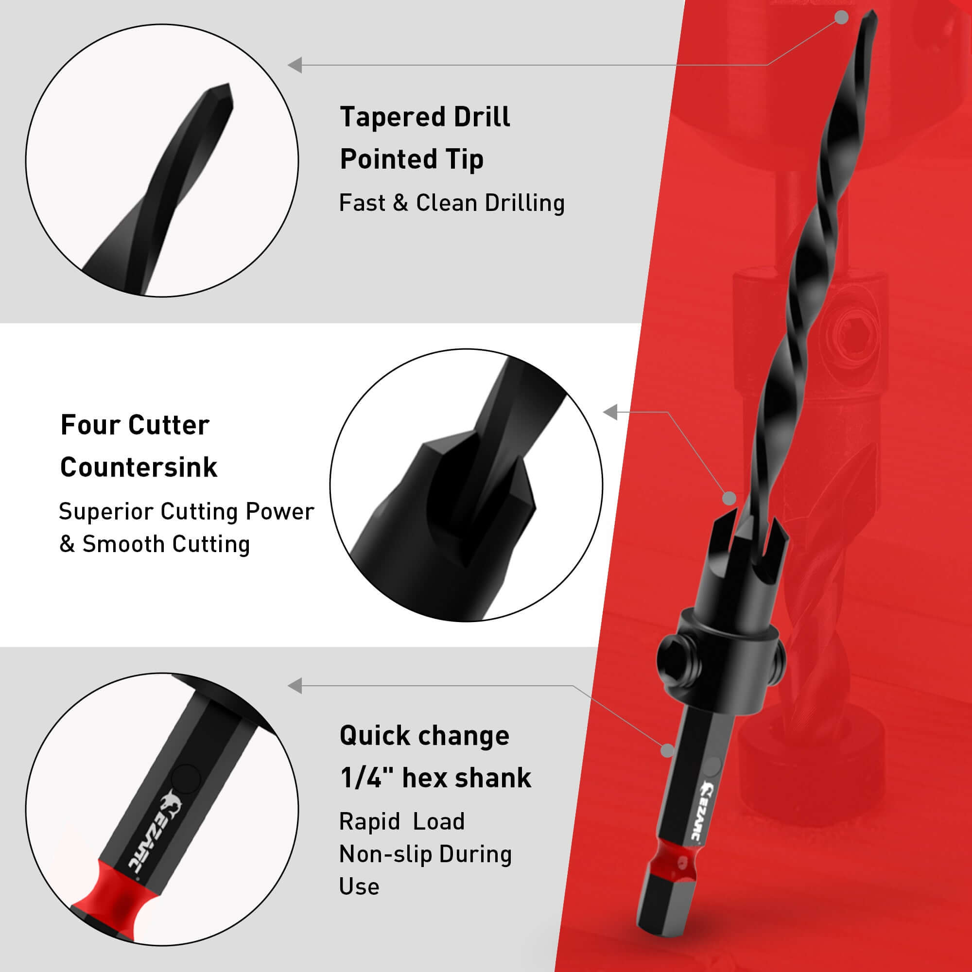 Wood Countersink Drill Bit Set With 1/4" Hex Shank - EZARC Tools