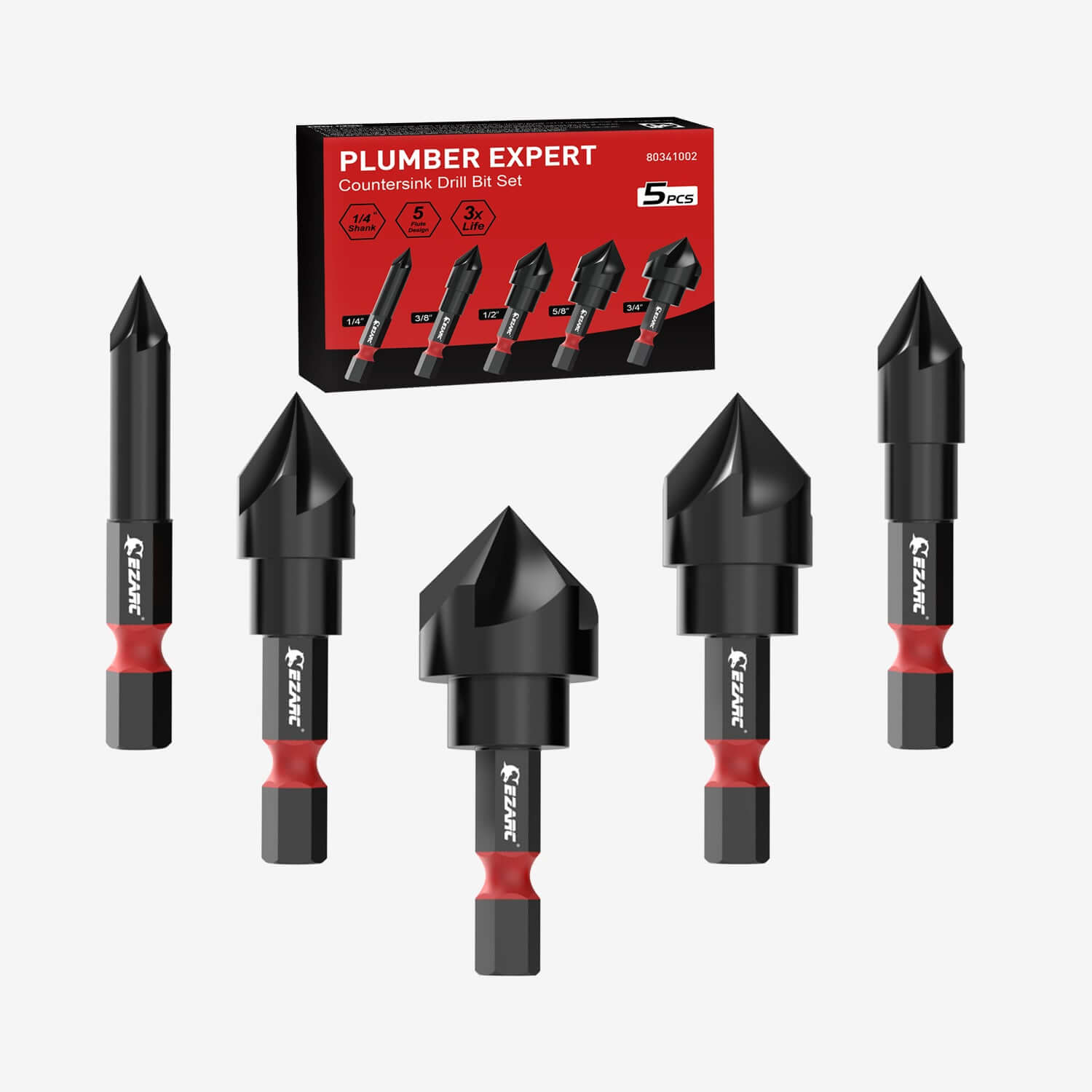 5PCS Countersunk Bits 82 Degree 5 Flute, 1/4” 3/8” 1/2” 5/8” 3/4”, 1/4 Inch Hex Shank Countersunk Bit Set - EZARC Tools