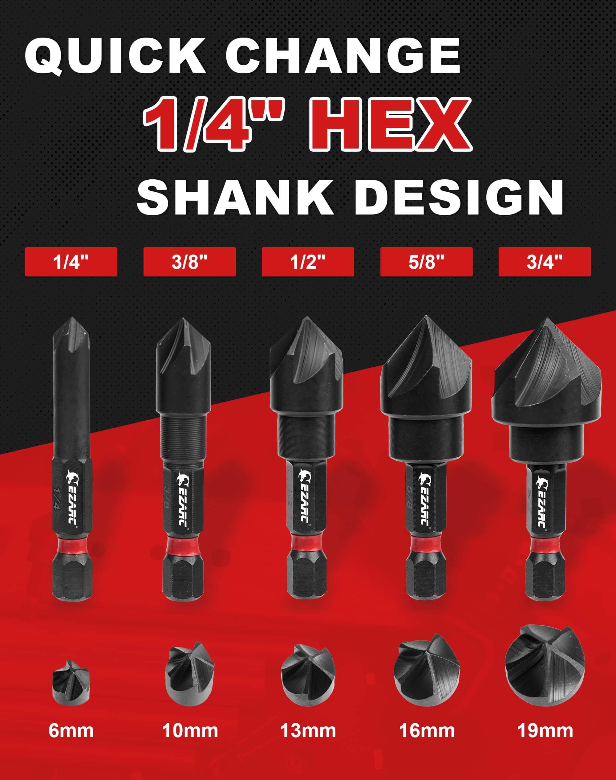 5PCS Countersunk Bits 82 Degree 5 Flute, 1/4” 3/8” 1/2” 5/8” 3/4”, 1/4 Inch Hex Shank Countersunk Bit Set - EZARC Tools