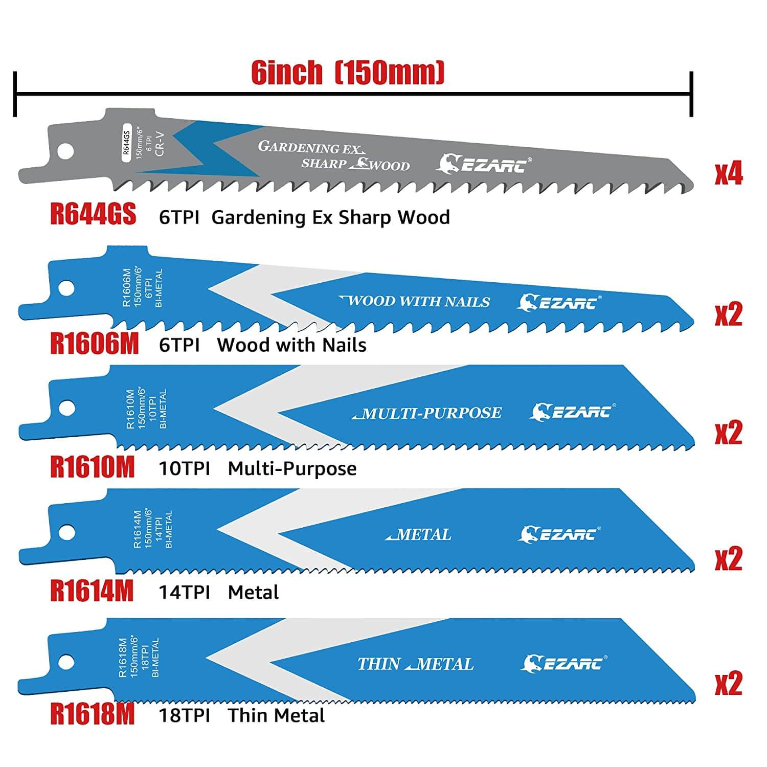 6/10/14/18tpi, 6 in. Bi-Metal Reciprocating Saw Blade Set For Metal and Wood Cutting - EZARC Tools