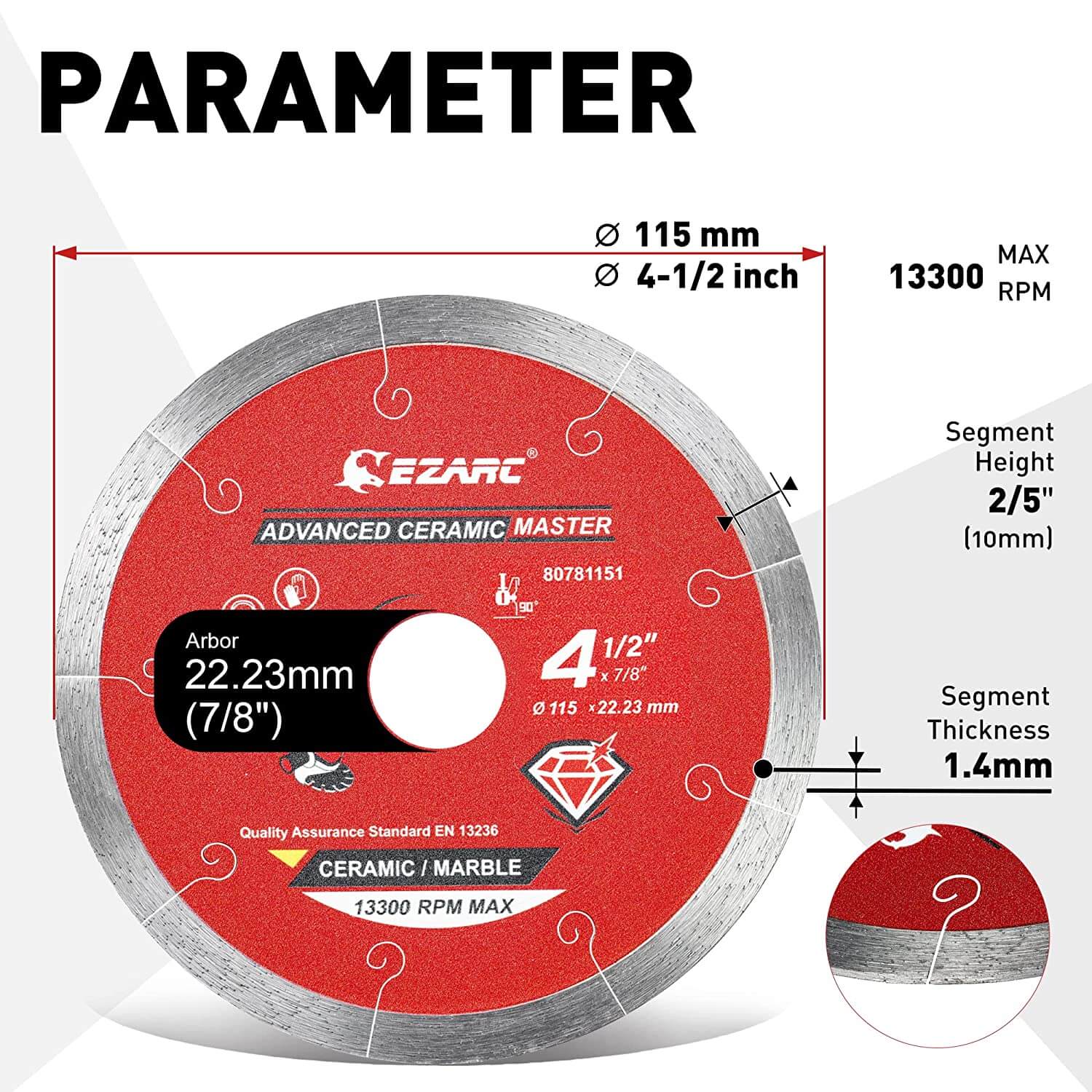 4-1/2 inch Advanced Ceramic Diamond Blade for Extra Clean Cutting Marble,Brick,Ceramic and Tile - EZARC Tools