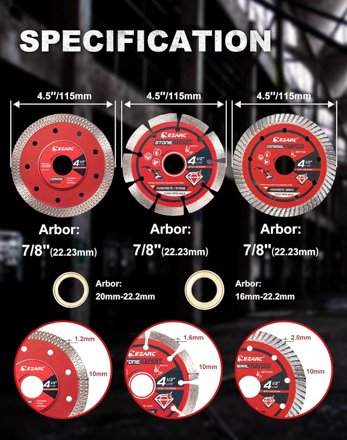 4-1/2 In. Diamond Blade Mix Pack For Tile/Marble/Granite,7/8 In. Arbor - EZARC Tools