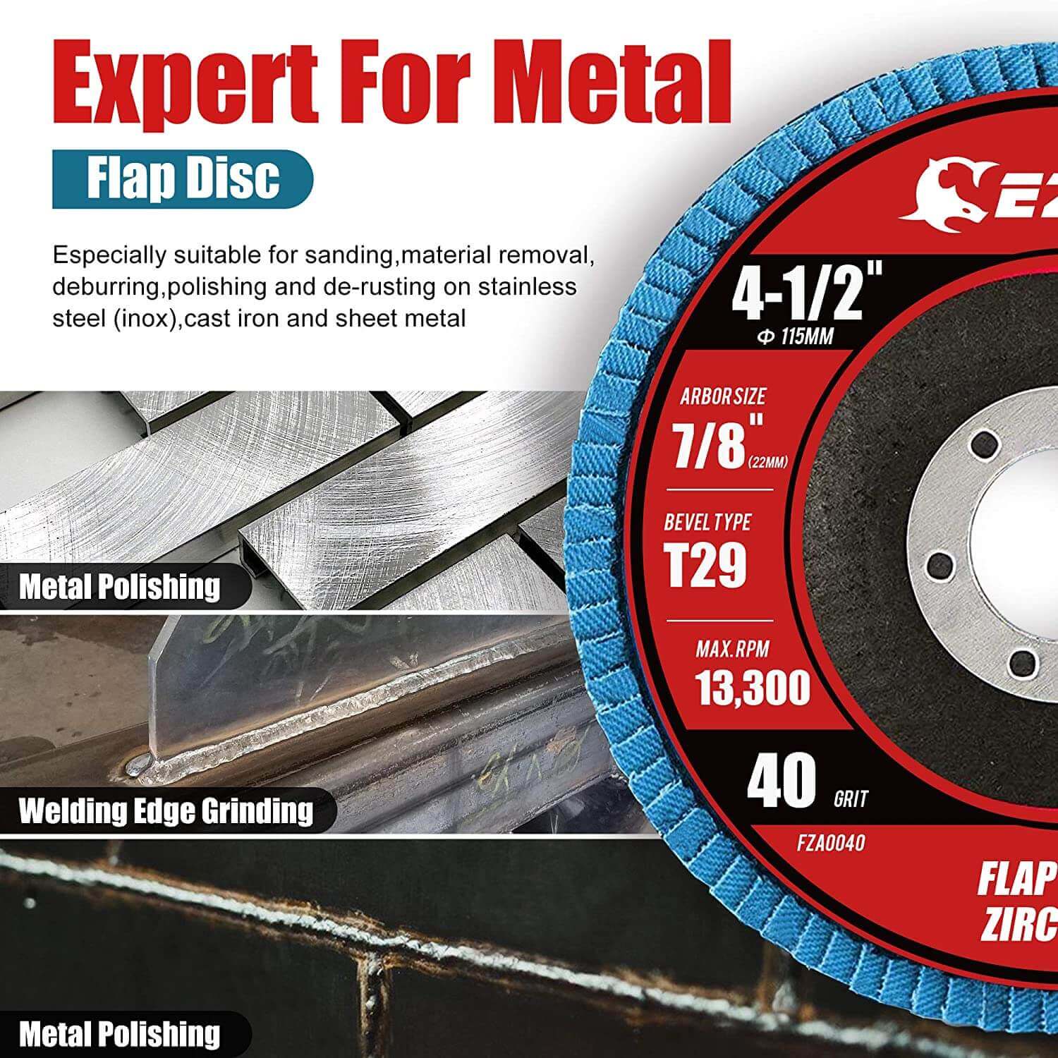 4-1/2 In. T29 Flap Sanding Discs For Stainless Steel, Sheet Metal,40/60/80/120 Grits - EZARC Tools