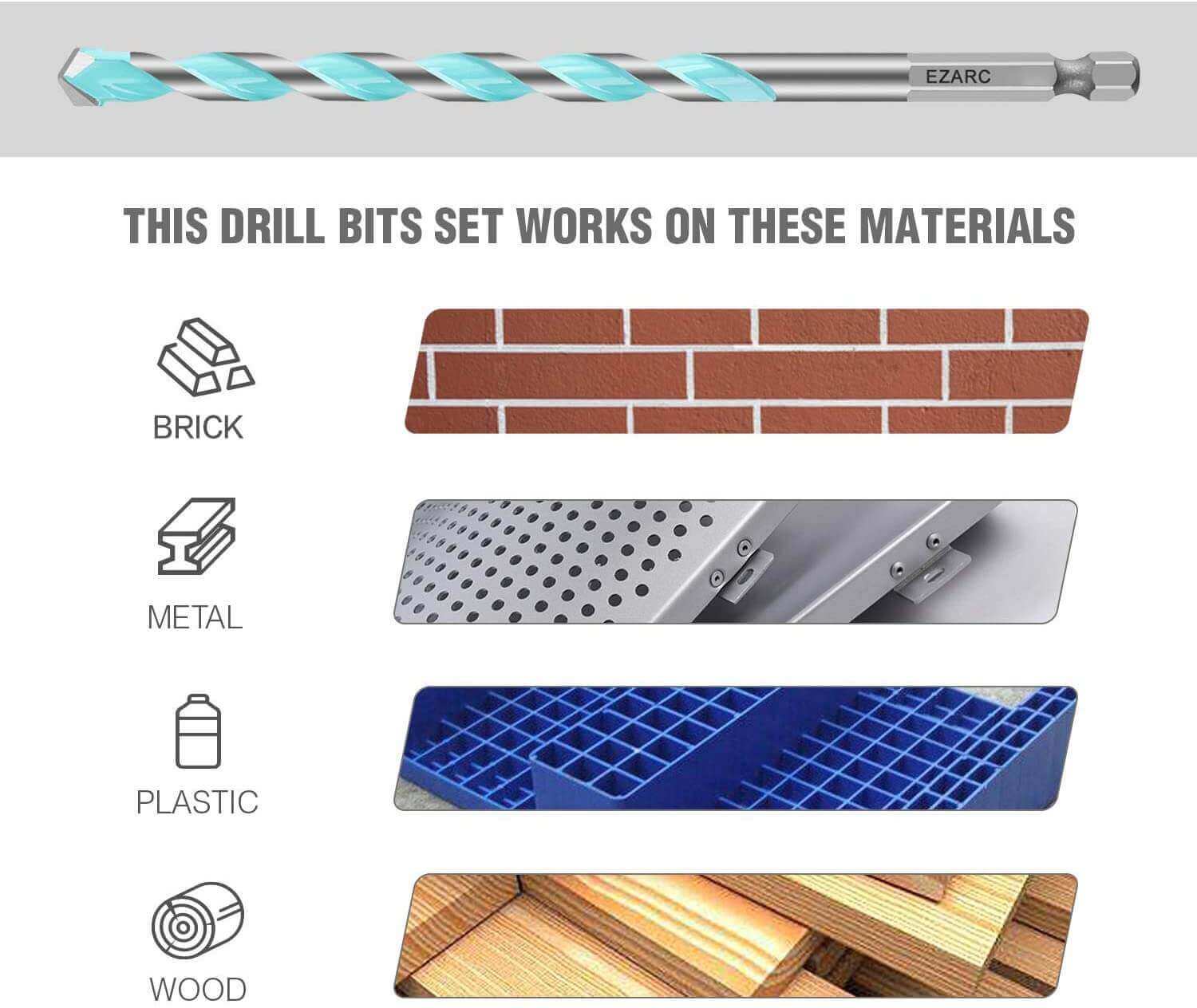 Hex Shank Multi-Purpose Drill Bit Set For Metal/Wood/Block/Plastic - EZARC Tools