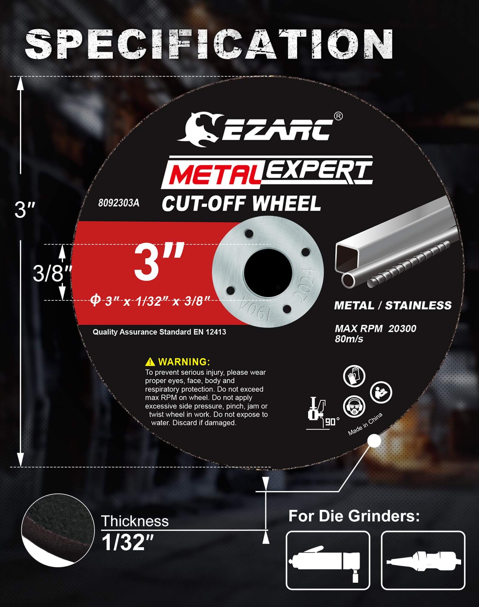 3 in. 1/32” Metal Cut Off Disc For Metal and Stainless Steel, 3/8 in. Arbor - EZARC Tools