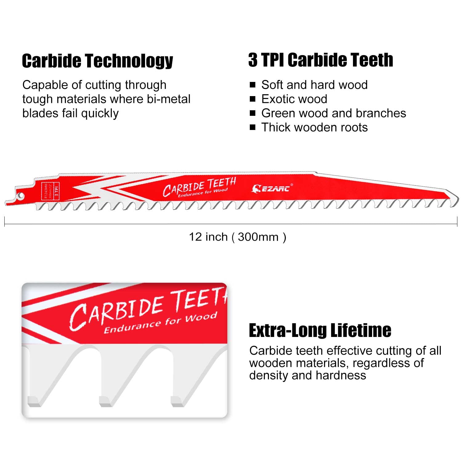 3tpi,9/12 in. Carbide Reciprocating Saw Blade For Hard Wood - EZARC Tools