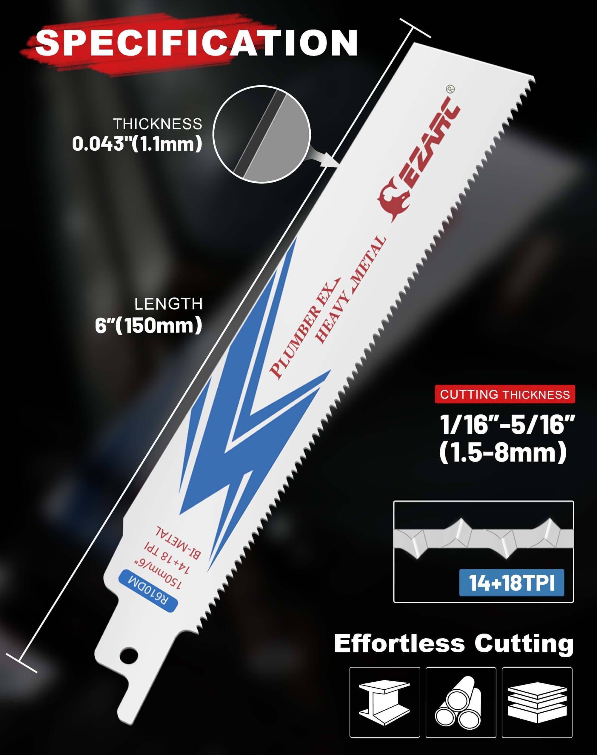 14+18TPI ,6/9-Inch Bi-Metal Reciprocating Saw Blade, for Steel Demolition R610DM (5-Pack) - EZARC Tools