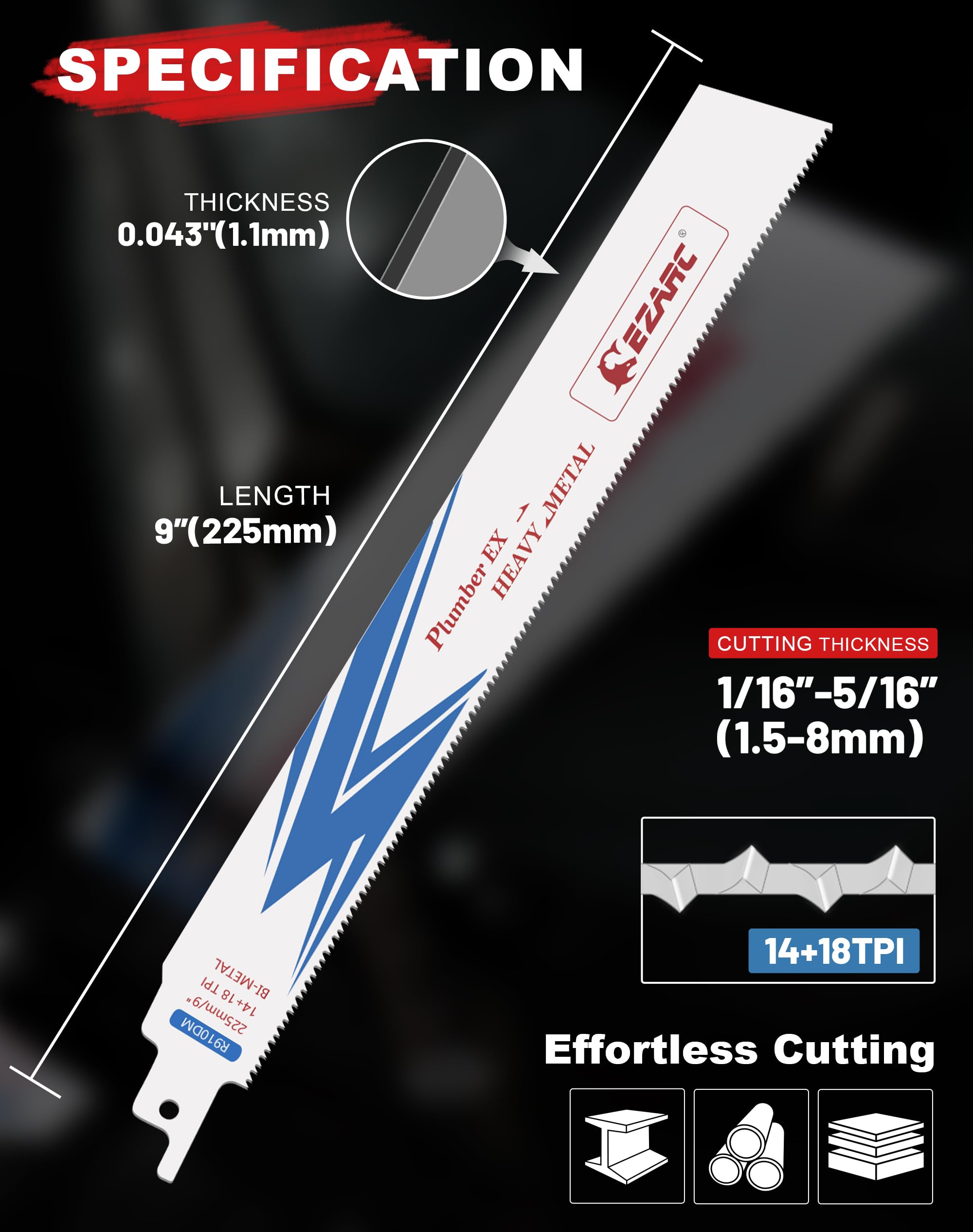 14+18TPI ,6/9-Inch Bi-Metal Reciprocating Saw Blade, for Steel Demolition R610DM (5-Pack) - EZARC Tools