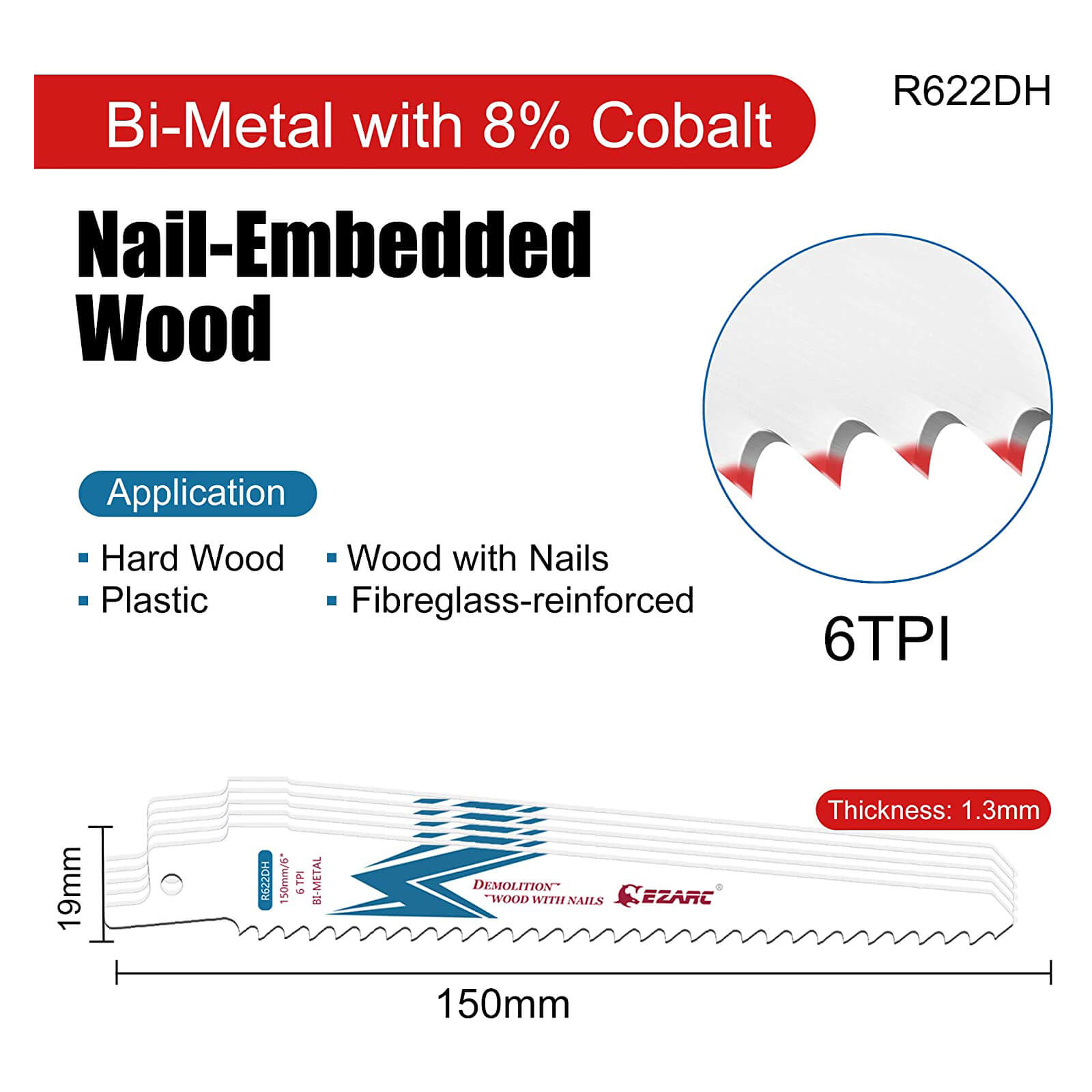 6tpi, 6/9/12 in. Bi-Metal Reciprocating Saw blade For Wood Demolition - EZARC Tools