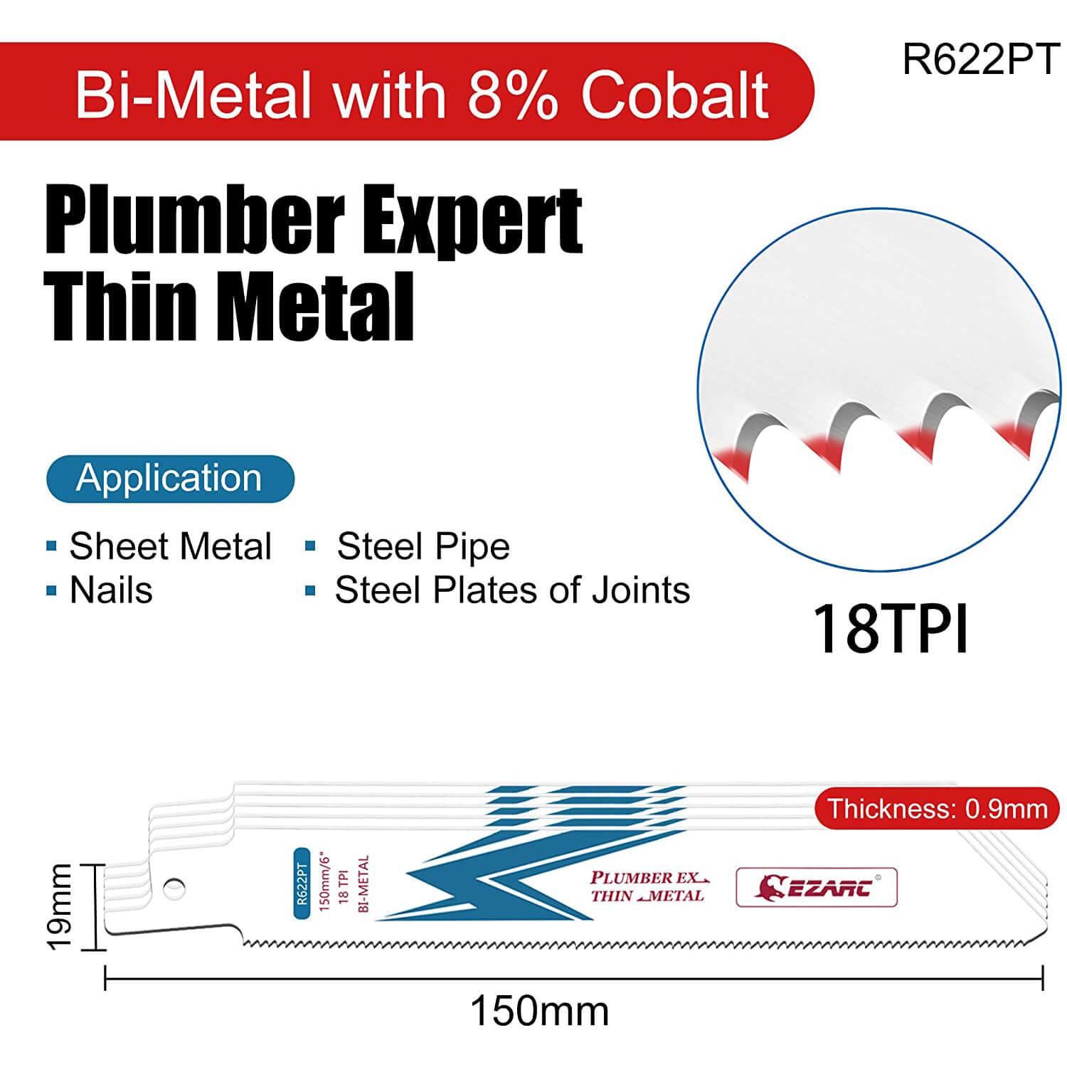 18tpi,6/9 in. Bi-Metal Reciprocating Saw Blade For Thin Metal Cutting - EZARC Tools