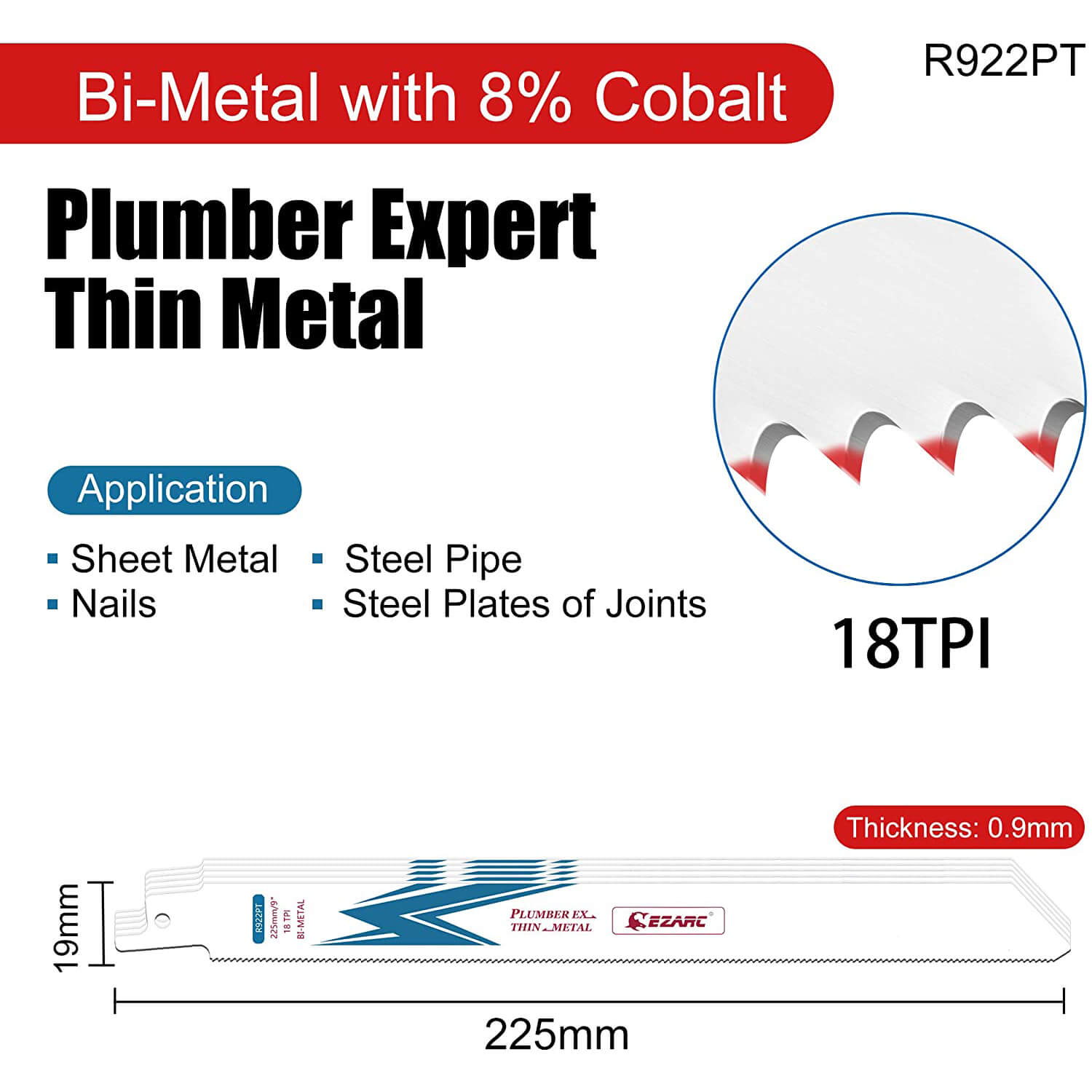 18tpi,6/9 in. Bi-Metal Reciprocating Saw Blade For Thin Metal Cutting - EZARC Tools