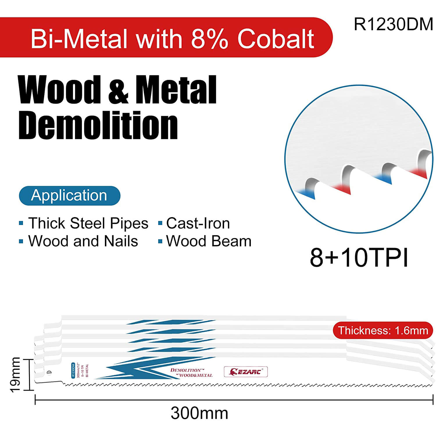 8+10tpi, 6/9/12 in. Bi-Metal Reciprocating Saw Blade For Wood/Metal Demolition - EZARC Tools