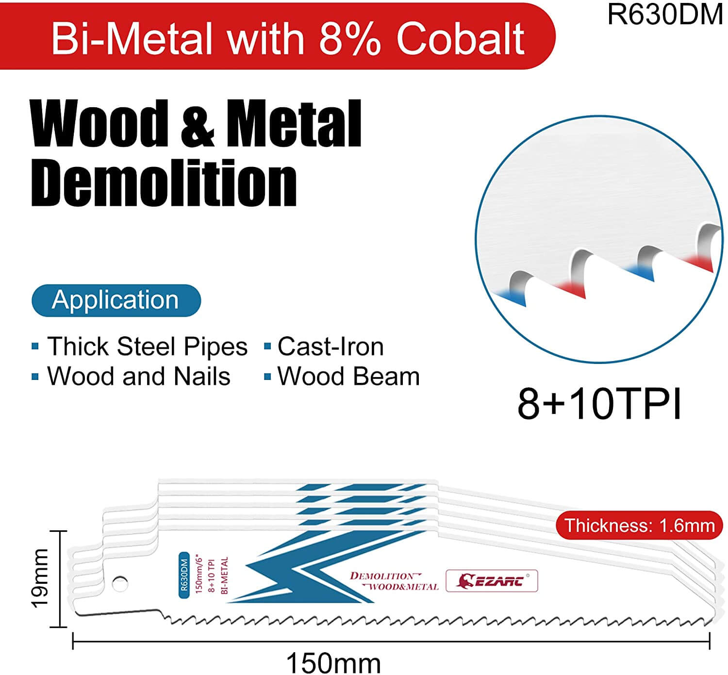 8+10tpi, 6/9/12 in. Bi-Metal Reciprocating Saw Blade For Wood/Metal Demolition - EZARC Tools