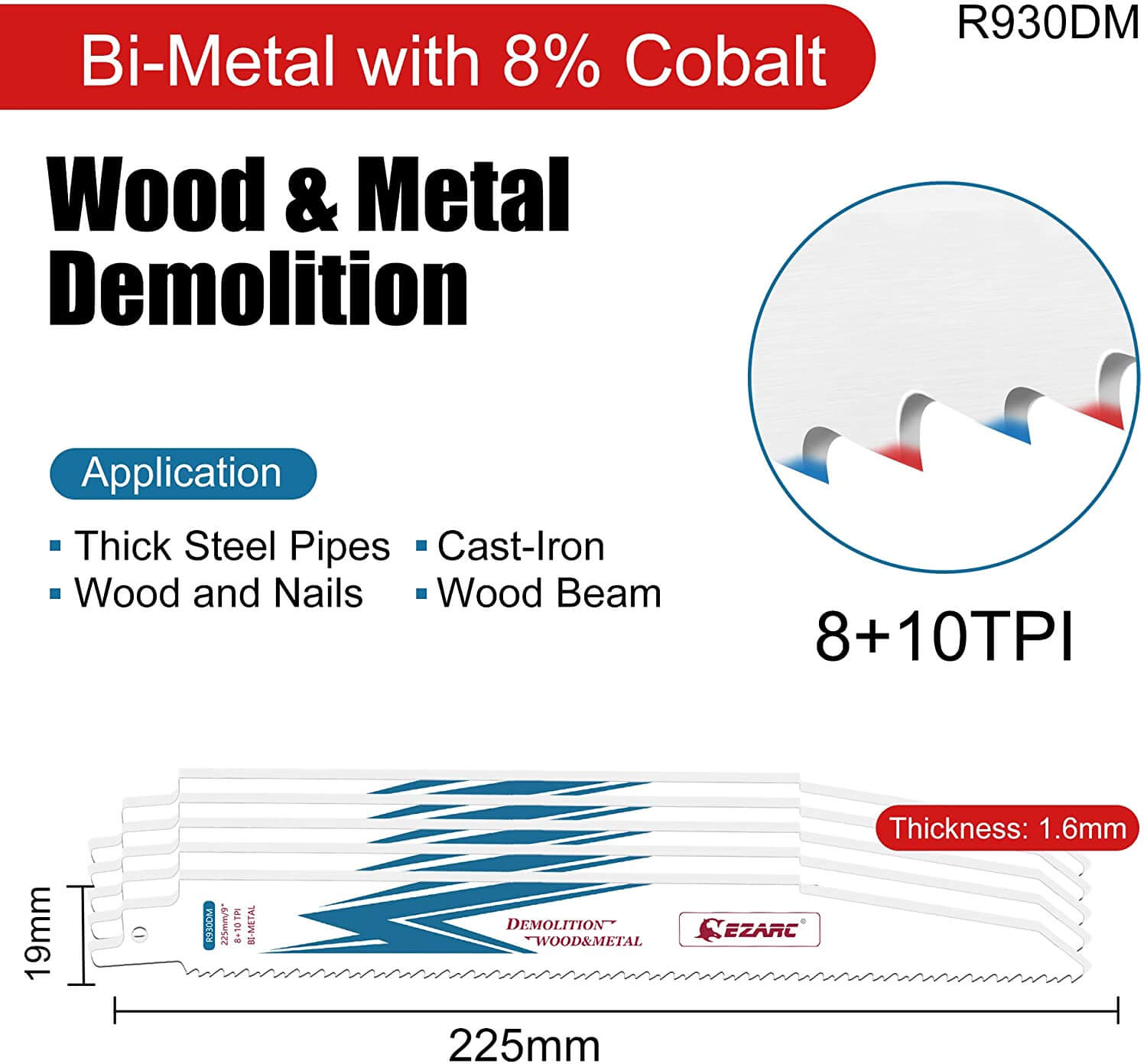 8+10tpi, 6/9/12 in. Bi-Metal Reciprocating Saw Blade For Wood/Metal Demolition - EZARC Tools