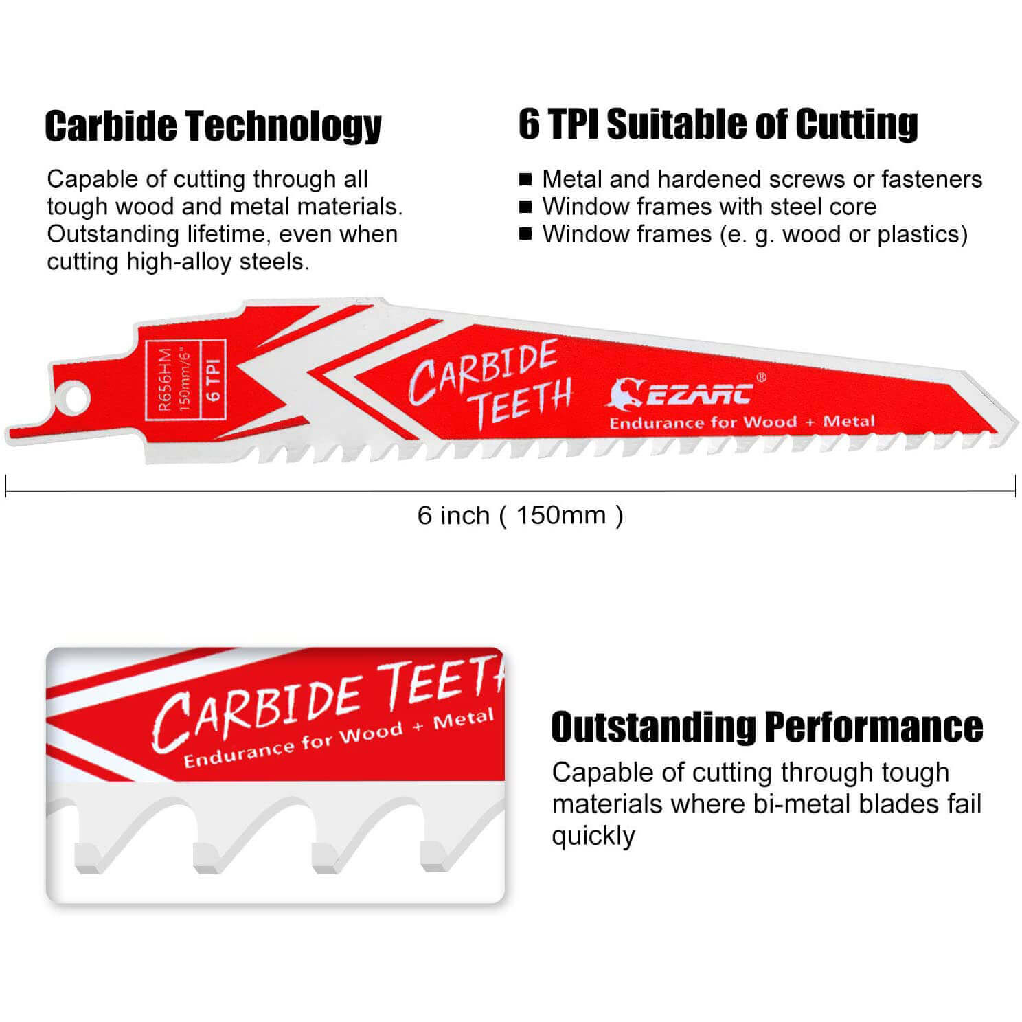 6tpi, 6/9 in. Carbide Reciprocating Saw Blade For Hard Wood/Metal Demolition - EZARC Tools