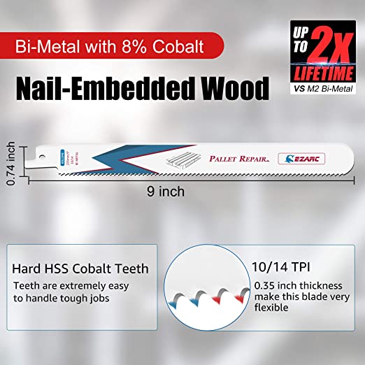 10/14tpi,9 in. Bi-Metal Reciprocating Saw Blade Set For Pallet Dismantling - EZARC Tools