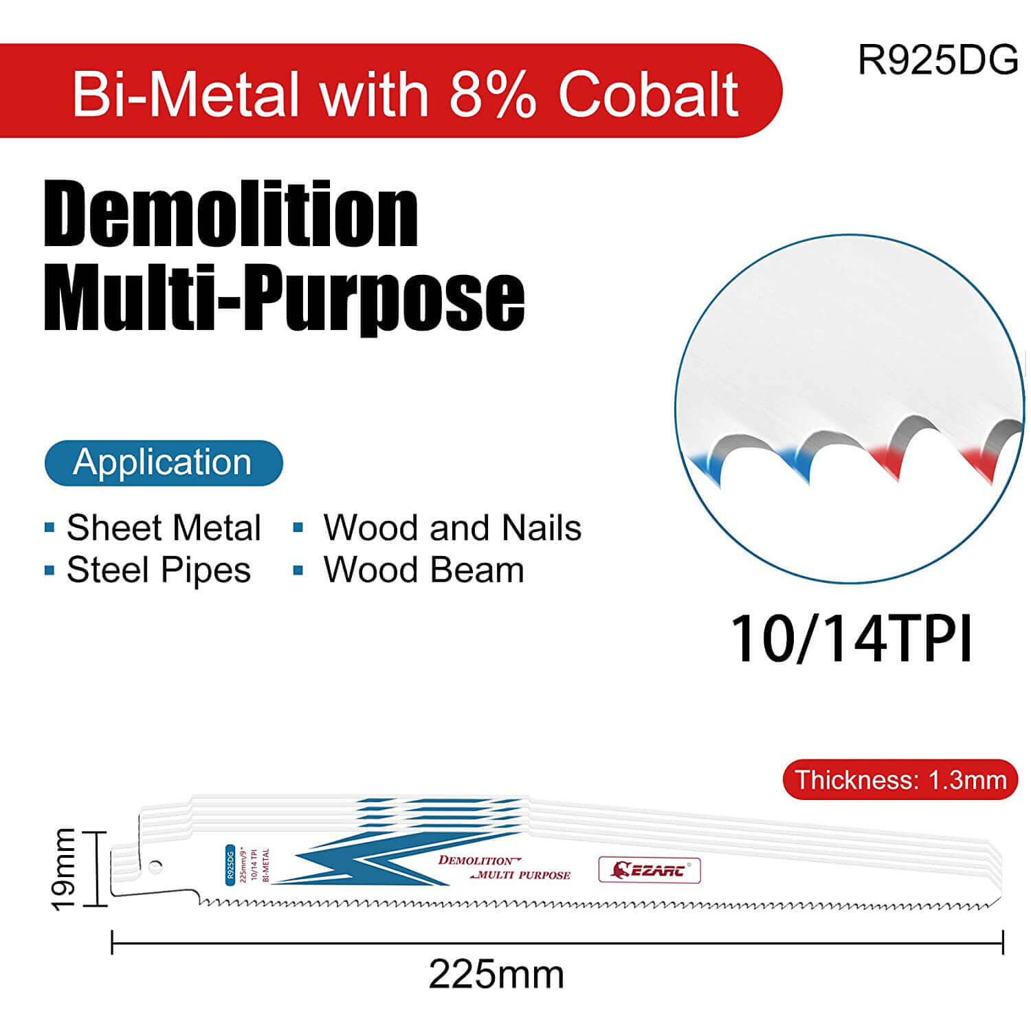 10/14tpi,9/12 in. Bi-Metal Reciprocating Saw Blade For Multi Purpose - EZARC Tools