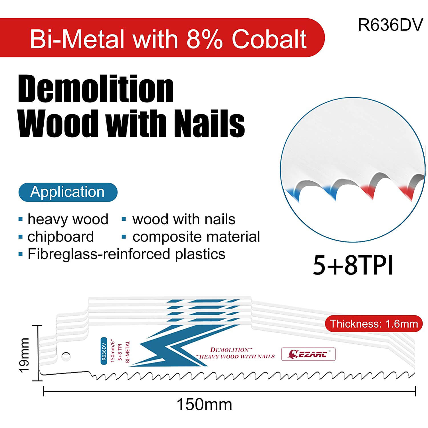 5+8tpi,9 in. Bi-Metal Reciprocating Saw blade For Wood/Metal Demolition - EZARC Tools