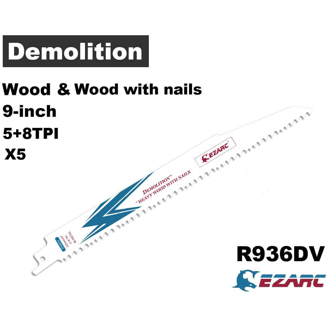 5+8tpi,9 in. Bi-Metal Reciprocating Saw blade For Wood/Metal Demolition - EZARC Tools