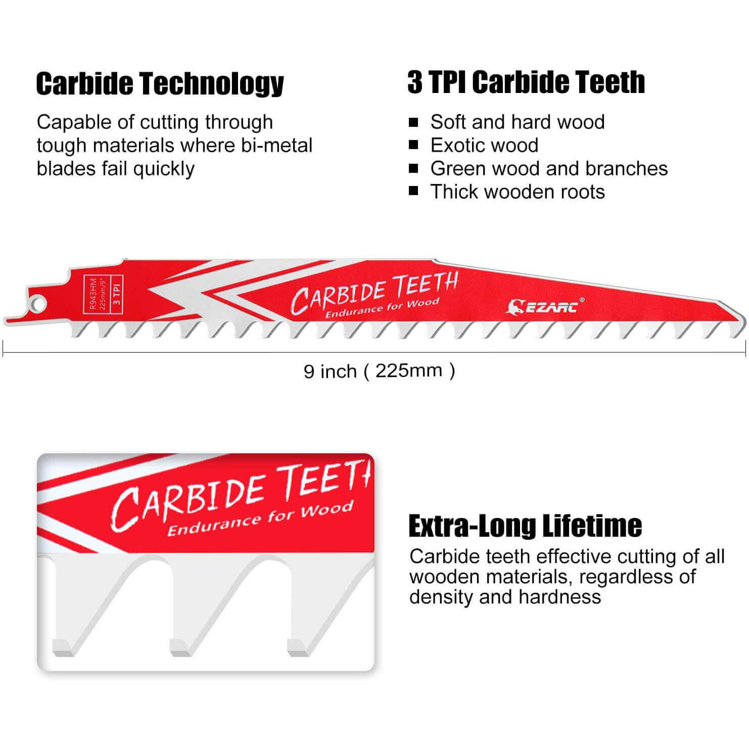 3tpi,9/12 in. Carbide Reciprocating Saw Blade For Hard Wood - EZARC Tools