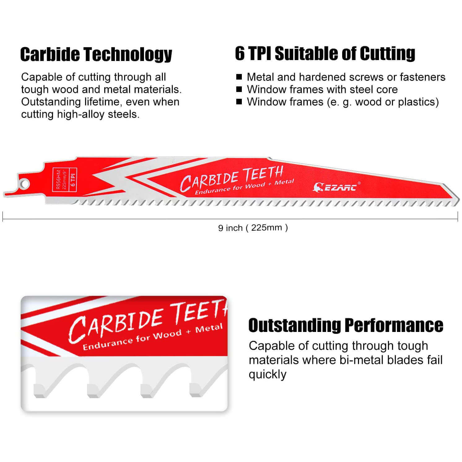 6tpi, 6/9 in. Carbide Reciprocating Saw Blade For Hard Wood/Metal Demolition - EZARC Tools