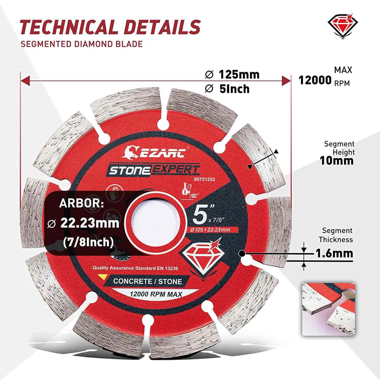 4.5/5 in. Segmented Diamond Blade For Concrete/Masonry/Block - EZARC Tools