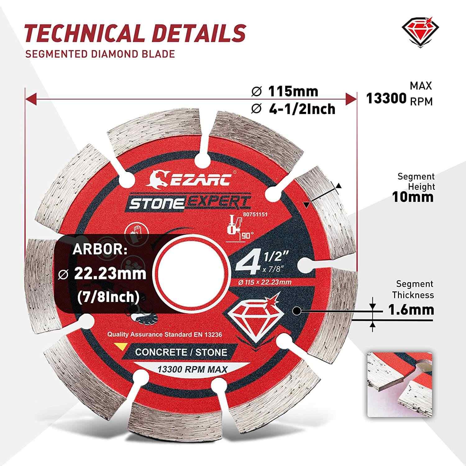 4.5/5 in. Segmented Diamond Blade For Concrete/Masonry/Block - EZARC Tools