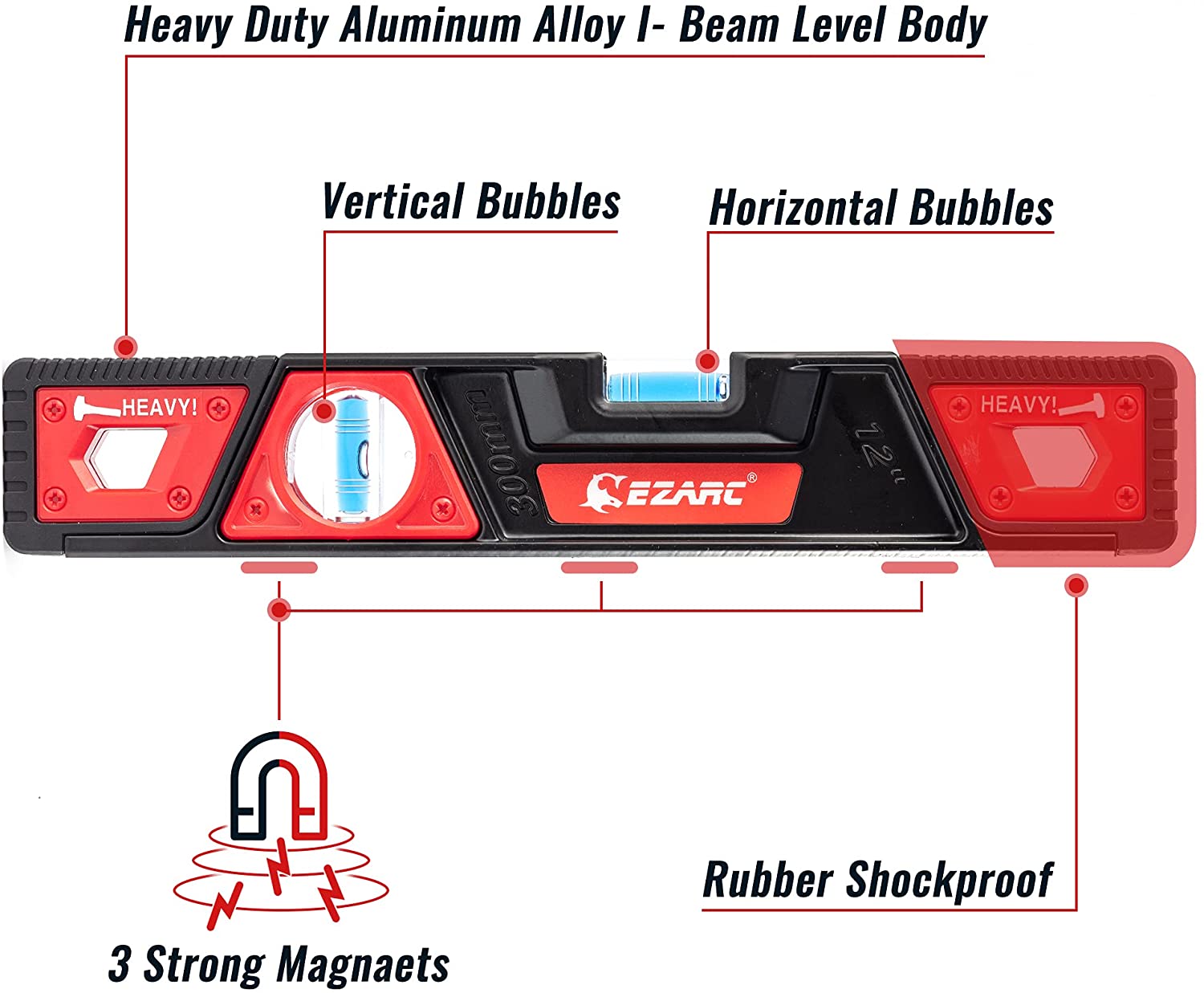 Heavy Duty Magnetic Torpedo Level 12-Inch, Aluminum Die-Cast Construction Spirit Level Measuring Tool - EZARC Tools