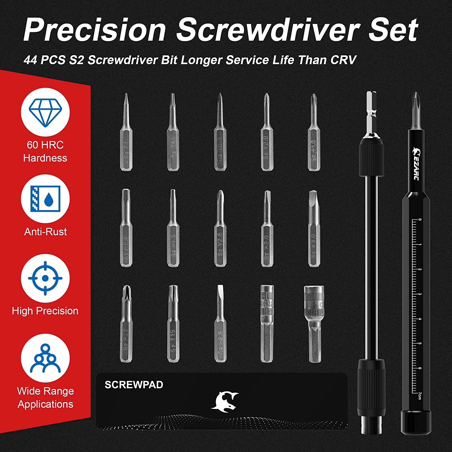 Precision Screwdriver Set 47 in 1 with Expandable Case Strong Magnetic S2 Screwdriver Bit & Extension Shaft - EZARC Tools