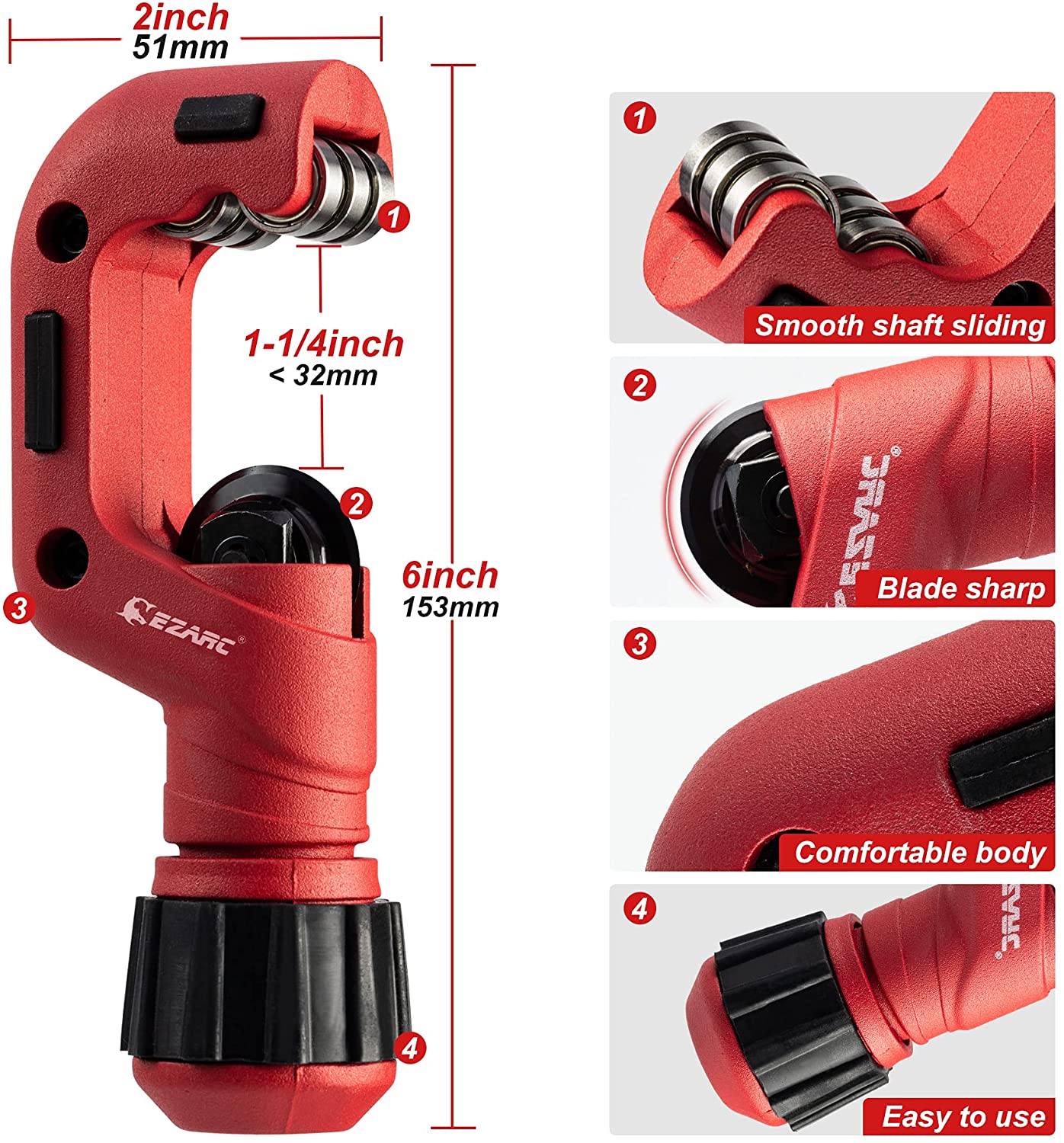 Heavy Duty Tube Cutter Tool 5/32 to 1-1/4 inch for Cutting Copper, Aluminum, and Thin Stainless Steel Tube - EZARC Tools