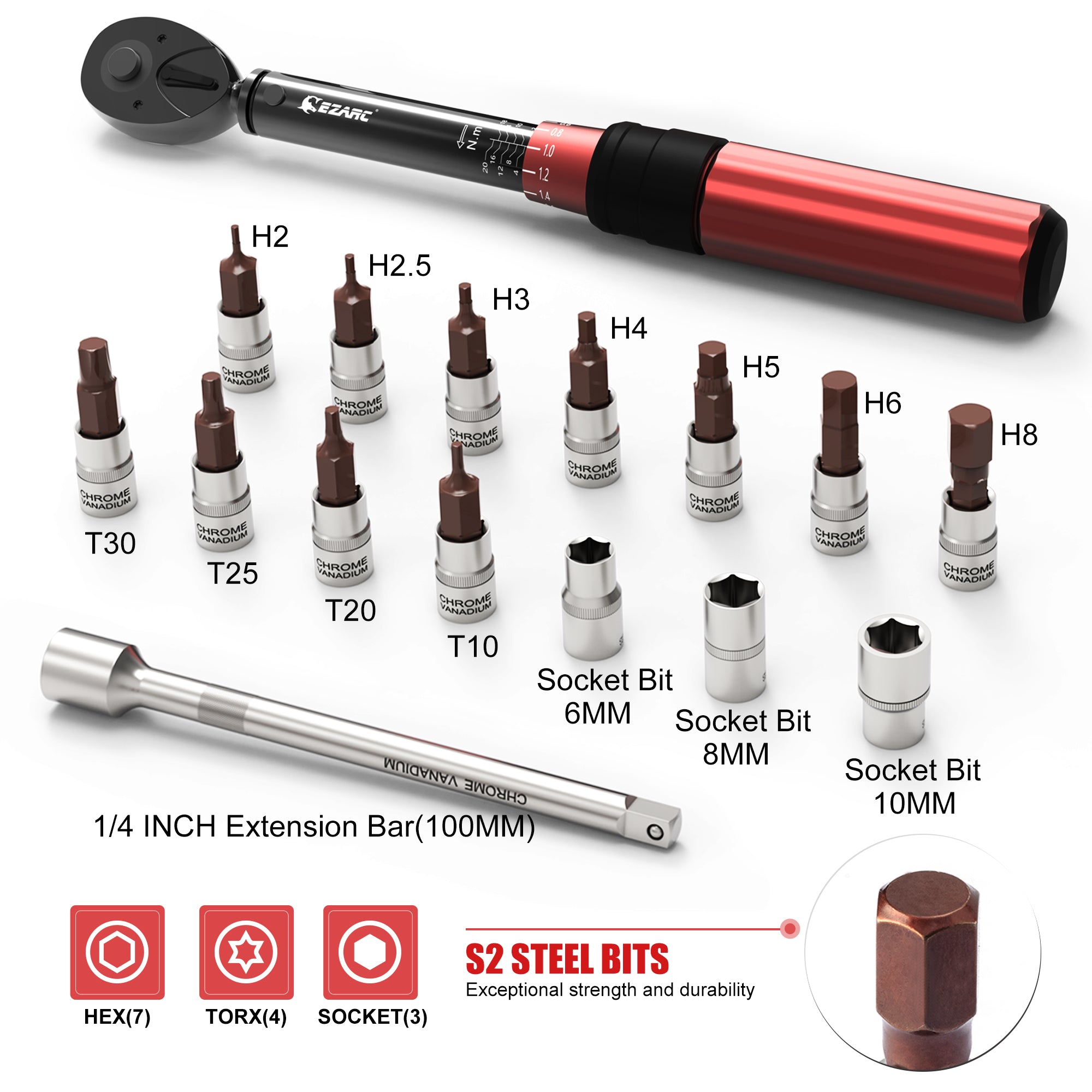 1/4 inch Drive Click Torque Wrench Set,inch Pound with Double Scale - EZARC Tools